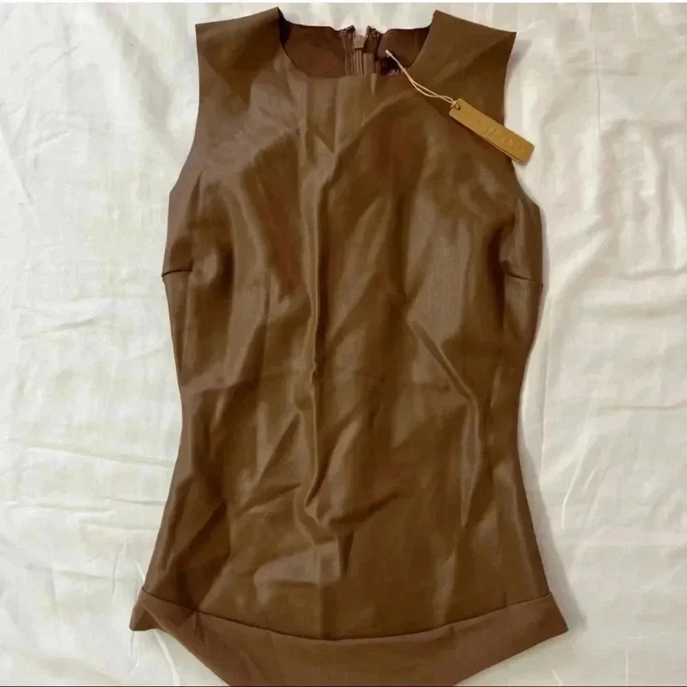 SKIMS Faux Leather Brown (Jasper) Crew Neck Bodysuit Size XL NWT - Picture 7 of 15